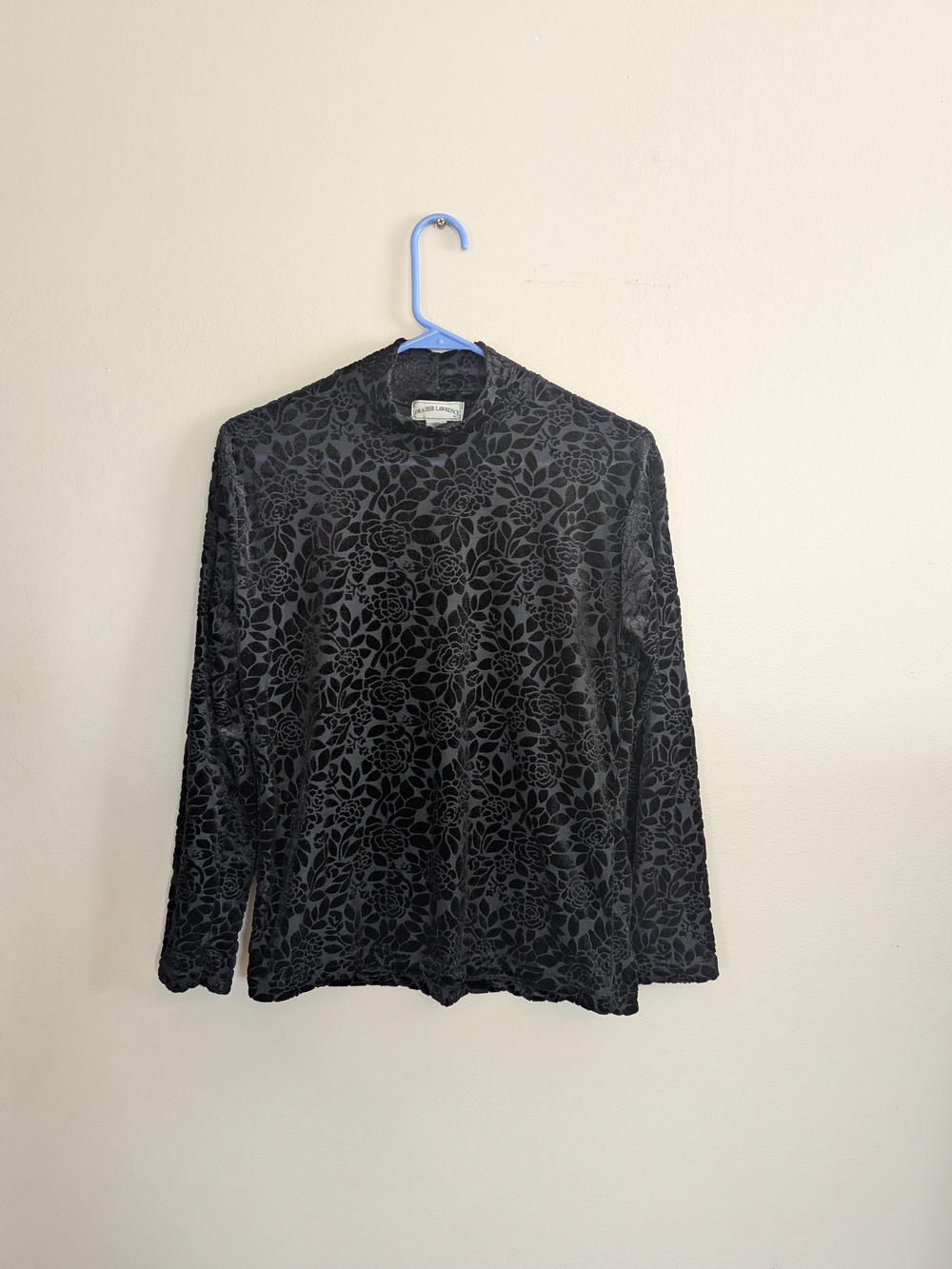 Vintage Black Floral Burnout Mockneck Long-Sleeve Top Medium